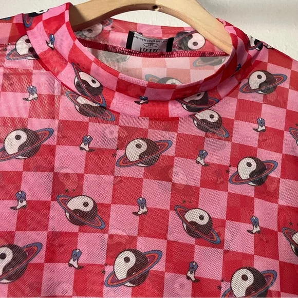 DRESSED IN LALA pink yin yang space cowboy cowgirl checker mesh sheer top - Picture 4 of 6